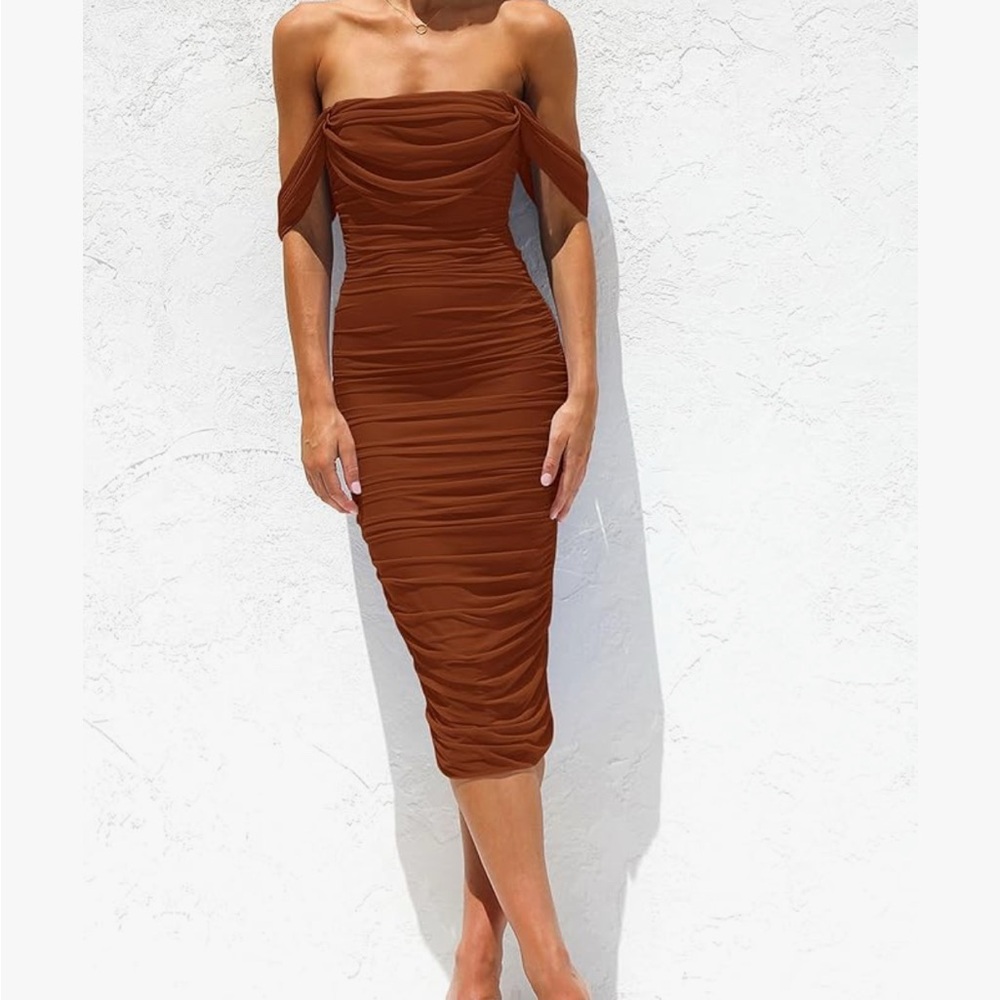 Elegant Off-Shoulder Brown Midi Dress
